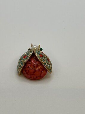 Vintage Signed Hattie Carnegie Orange and Turquoise Ladybug Brooch